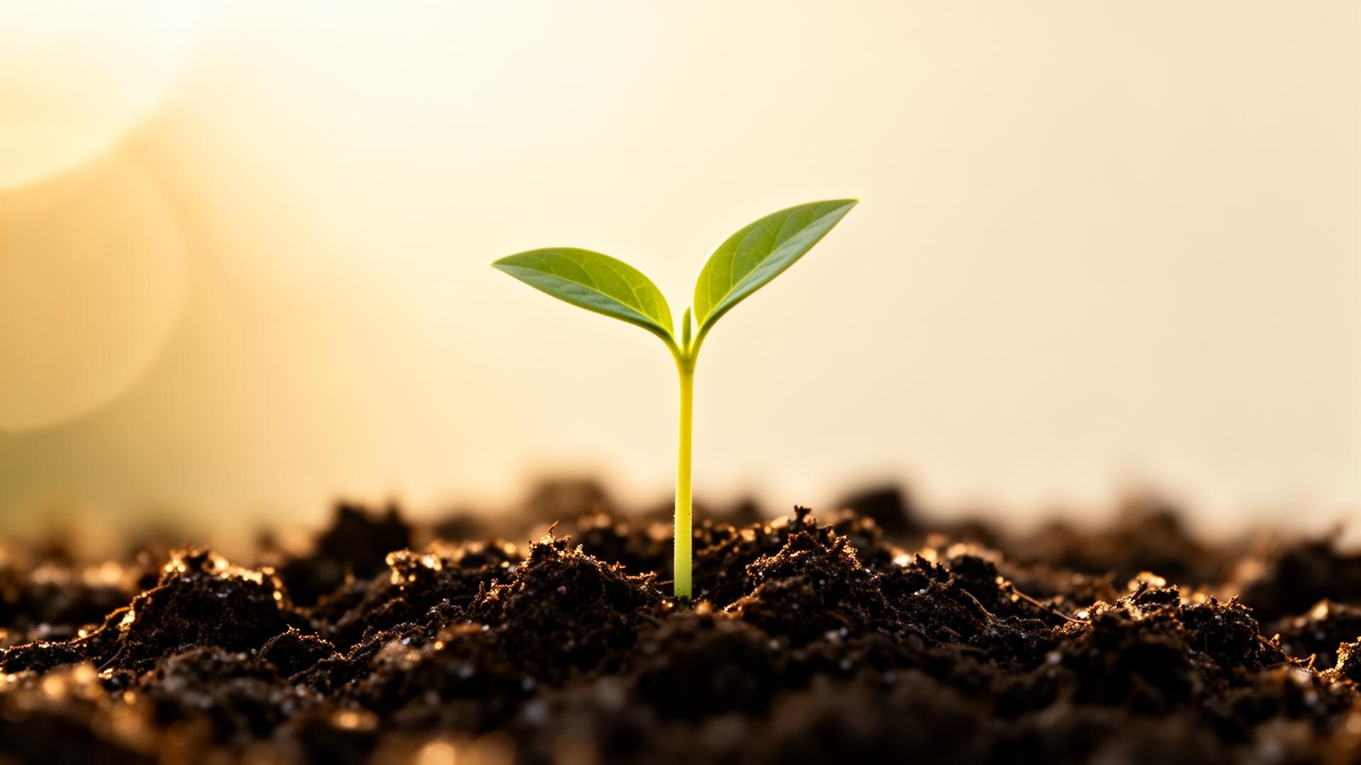 A young seedling sprouting from soil at sunrise